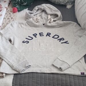 Superdry Gray Hoodie with Navy Lettering ,Cropped